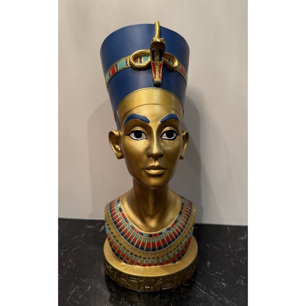 Vintage 12.75" Hand Painted Egyptian Queen Nefertiti Bust Statue Figurine